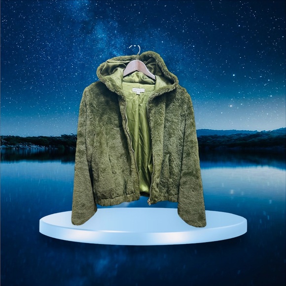 NEW 36point5 Women's Hoodied Jacket Pockets Faux Fur Zip Up in Green Size Large. - Picture 5 of 16